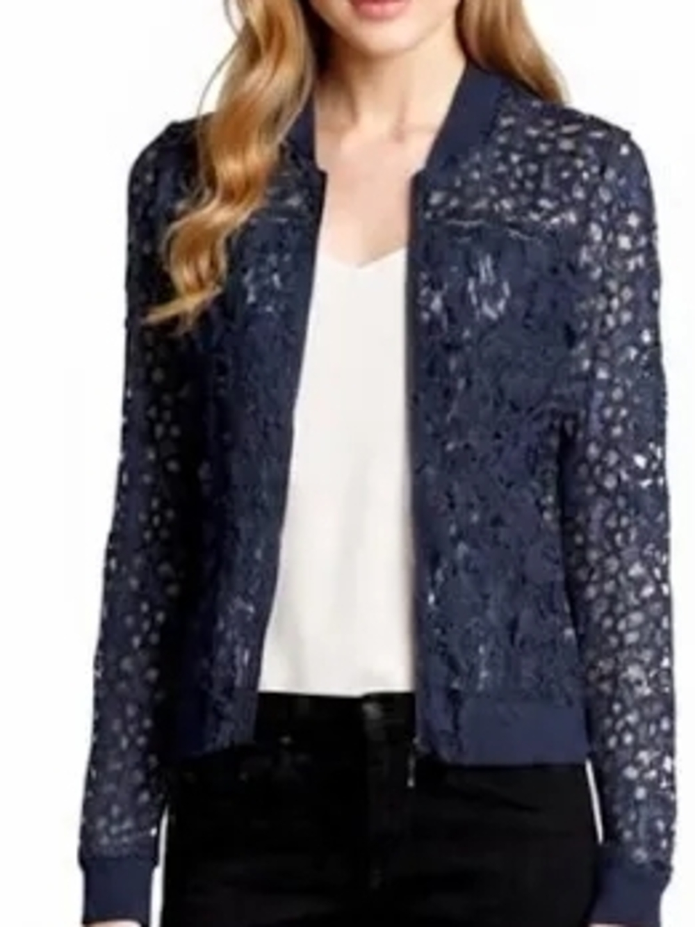 Tahari Navy Lace Bomber Jacket